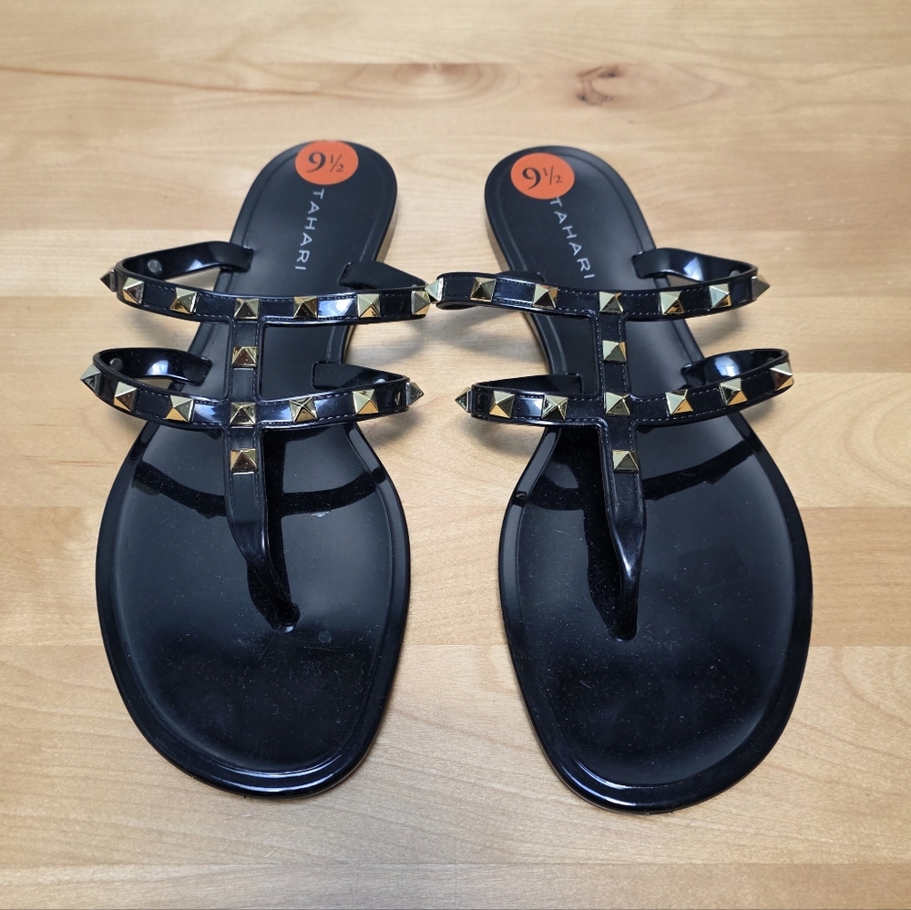 TAHARI | Lila Black Strappy Studded Thong Sandals, Sz. 9 1/2
